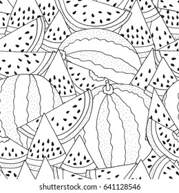 Seamless Pattern for coloring with Watermelon. Black and white vector illustration. Slice of watermelon on white background. Doodle style.