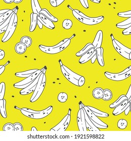 Seamless pattern with colorless bananas in cute cartoon doodle style. Vector illustration. Pattern with slices of bananas, bunch of bananas, cut banana on a yellow background.