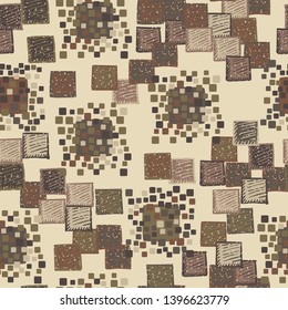 Seamless pattern. The colors of autumn. The texture is made up of groups of rounded and slightly swollen squares surrounded by carelessly painted squares with diagonal hatching.