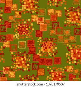 Seamless pattern. The colors of autumn. A texture composed of groups of rounded and slightly swollen squares surrounded by carelessly drawn squares with suns inside.