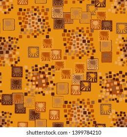 Seamless pattern. The colors of autumn. A texture composed of groups of rounded and slightly swollen squares surrounded by carelessly drawn squares with suns inside.