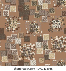 Seamless pattern. The colors of autumn. The texture is made up of groups of rounded and slightly swollen squares surrounded by carelessly painted squares with diagonal hatching.