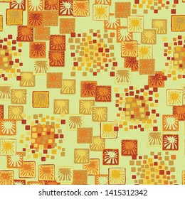Seamless pattern. The colors of autumn. A texture composed of groups of rounded and slightly swollen squares surrounded by carelessly drawn squares with suns inside.