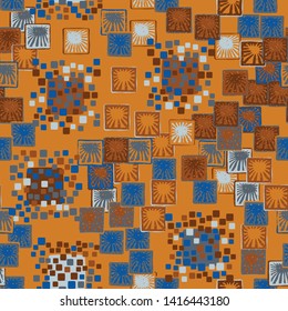 Seamless pattern. The colors of autumn. A texture composed of groups of rounded and slightly swollen squares surrounded by carelessly drawn squares with suns inside.
