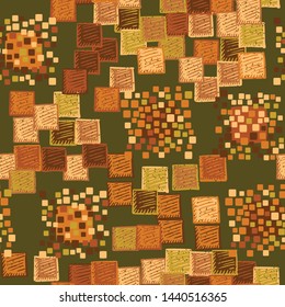 Seamless pattern. The colors of autumn. The texture is made up of groups of rounded and slightly swollen squares surrounded by carelessly painted squares with diagonal hatching.