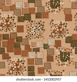 Seamless pattern. The colors of autumn. The texture is made up of groups of rounded and slightly swollen squares surrounded by carelessly painted squares with diagonal hatching.