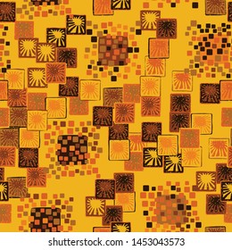 Seamless pattern. The colors of autumn. A texture composed of groups of rounded and slightly swollen squares surrounded by carelessly drawn squares with suns inside.