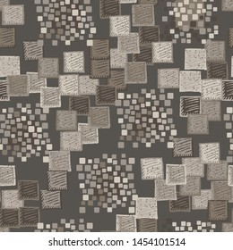 Seamless pattern. The colors of autumn. The texture is made up of groups of rounded and slightly swollen squares surrounded by carelessly painted squares with diagonal hatching.