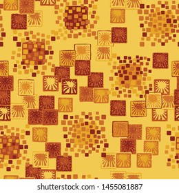 Seamless pattern. The colors of autumn. A texture composed of groups of rounded and slightly swollen squares surrounded by carelessly drawn squares with suns inside.