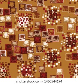 Seamless pattern. The colors of autumn. A texture composed of groups of rounded and slightly swollen squares surrounded by carelessly drawn squares with suns inside.