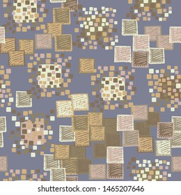Seamless pattern. The colors of autumn. The texture is made up of groups of rounded and slightly swollen squares surrounded by carelessly painted squares with diagonal hatching.