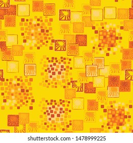 Seamless pattern. The colors of autumn. A texture composed of groups of rounded and slightly swollen squares surrounded by carelessly drawn squares with suns inside.