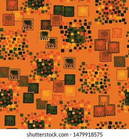 Seamless pattern. The colors of autumn. A texture composed of groups of rounded and slightly swollen squares surrounded by carelessly drawn squares with suns inside.