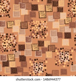 Seamless pattern. The colors of autumn. The texture is made up of groups of rounded and slightly swollen squares surrounded by carelessly painted squares with diagonal hatching.