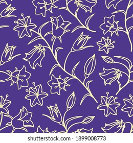 A seamless pattern with the colors of bells. Light yellow contour on a purple background. Vector illustration.
