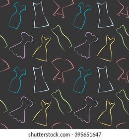 Seamless pattern with colors bright contour of various  women's dresses on the black background