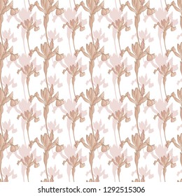 Seamless pattern with colors. Irises. Contour drawing. Pattern on white background. Pattern in vintage style. Pattern for fabric, paper and Wallpaper design.
