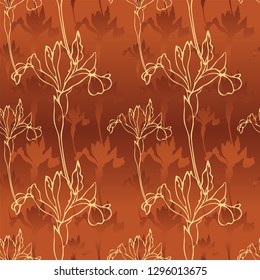 Seamless pattern with colors. Irises. Contour drawing.Pattern in vintage style.Pattern for fabric, paper and Wallpaper design.brown color.