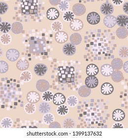 Seamless pattern. The colors of spring. A texture composed of groups of rounded and slightly swollen squares surrounded by carelessly painted likeness of sliced lemons.