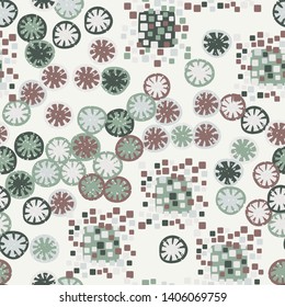 Seamless pattern. The colors of spring. A texture composed of groups of rounded and slightly swollen squares surrounded by carelessly painted likeness of sliced lemons.