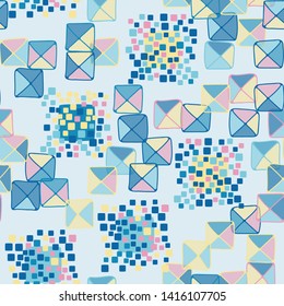 Seamless pattern. The colors of spring. A texture composed of groups of rounded and slightly swollen squares surrounded by carelessly painted diagonally separated translucent squares.