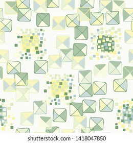 Seamless pattern. The colors of spring. A texture composed of groups of rounded and slightly swollen squares surrounded by carelessly painted diagonally separated translucent squares.