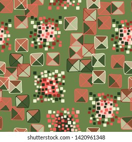 Seamless pattern. The colors of spring. A texture composed of groups of rounded and slightly swollen squares surrounded by carelessly painted diagonally separated translucent squares.