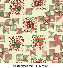 Seamless pattern. The colors of spring. A texture composed of groups of rounded and slightly swollen squares surrounded by carelessly painted diagonally separated translucent squares.