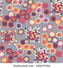 Seamless pattern. The colors of spring. A texture composed of groups of rounded and slightly swollen squares surrounded by carelessly painted likeness of sliced lemons.