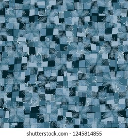 Seamless pattern. The colors of winter. Ice squares divided into parts. Snowflakes located in the foreground and background.