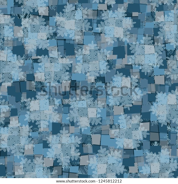 Seamless pattern. The colors of winter. Ice\
squares divided into parts.\
Snowflakes.