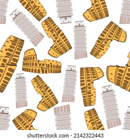 Seamless pattern of the Colosseum from the Leaning Tower of Pisa. Vector illustration.