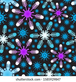Seamless pattern of colour snowflakes on a black background. Gradient, vector. Christmas design and decoration.
