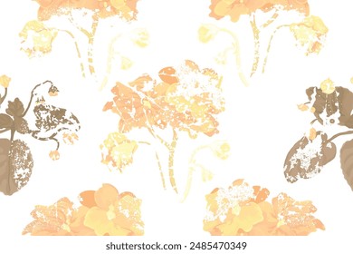 A seamless pattern with coloured African violet flowers isolated on the white background. The pattern has an aged or withered effect due to the leaf texture that is placed above.