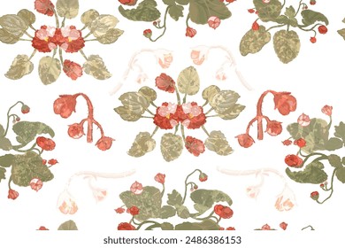 A seamless pattern with coloured African violet flowers isolated on the white background. The pattern has an aged or withered effect due to the leaf texture that is placed above.