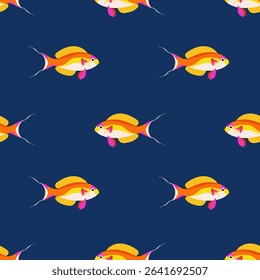Seamless pattern with coloured fish on blue background. For ocean-themed textiles, wallpapers and packaging, postcards or covers.