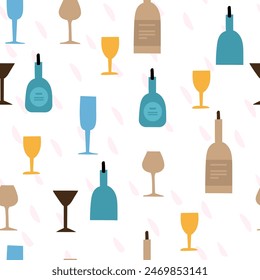 seamless pattern of coloured flat wineglasses and bottles on white background