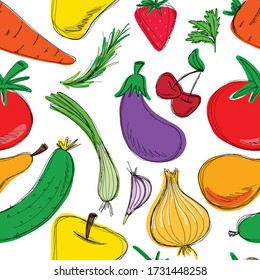 Frutas y verduras de tintes sin foco. Ilustración vectorial aislada en blanco. Alimentos saludables para grupos brillantes