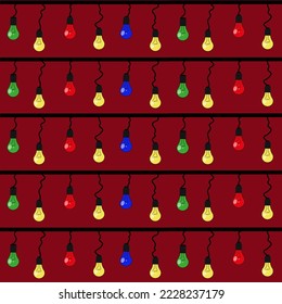 Seamless pattern with coloured lamp edison. Print for wallpaper or fabric with lamp. Christmas garland with lamp edison.