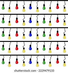 Seamless pattern with coloured lamp edison. Print for wallpaper or fabric with lamp. Christmas garland with lamp edison.