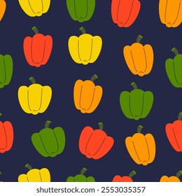 Seamless pattern of colourful bell peppers on blue background. Simple vector design for textiles, wallpapers, and prints.