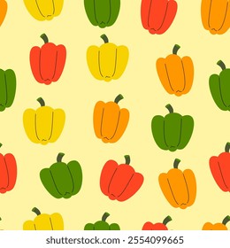 Seamless pattern of colourful bell peppers on yellow background. Simple vector design for textiles, wallpapers, and prints.