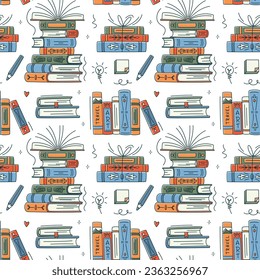 Seamless pattern with colourful books. Educational Vector illustration. Stack of books, vertical books, pen. Reading books concept. World book day. Minimalism, line art.