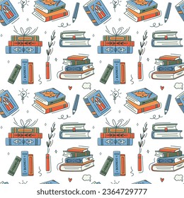 Seamless pattern with colourful books. Educational Vector illustration. Stack of books, vase, vertical books, pen. Reading books concept. World book day. Minimalism, line art.