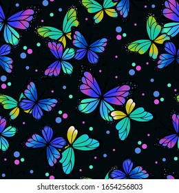 Seamless pattern with colourful butterflies on dark background. Vector illustration.