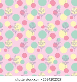 Seamless pattern of colourful circles and outline leaves, abstract vector illustration.