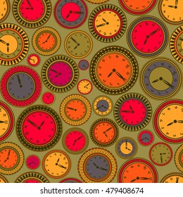 Seamless pattern with colourful clocks on green background