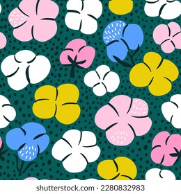 Patrón inmaculado con flores de algodón coloridas. Textura floral decorativa.Ilustración vectorial