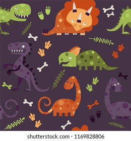 Seamless pattern with colourful dinosaurs, bones, footprints. Vector illustration.