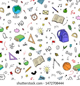Seamless pattern of colourful doodle school supplies with thin hand drawn line. Back To School Background. Back to school super shopping, sale. Vector illustration